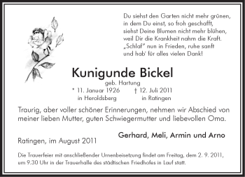 Traueranzeige von Kunigunde Bickel von Pegnitz-Zeitung